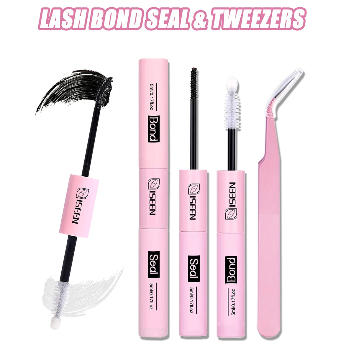 ISEEN Eyelash Bond & Seal 10ml  Eyelash Glue Remover 5ml Eyelash Curler Eyelash Brush Tweezer Kit Makeup