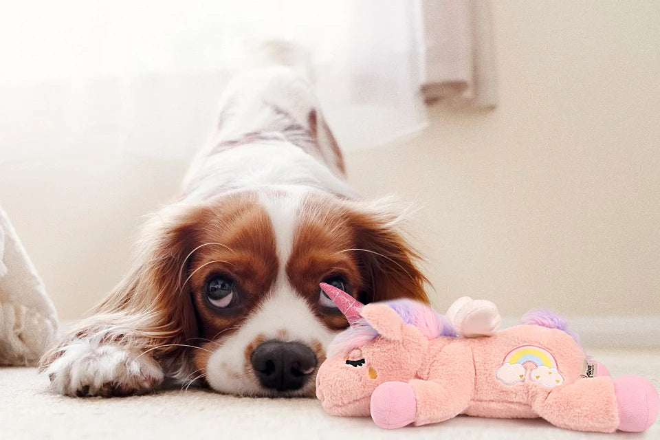 PETFULED Unicorn Heartbeat Dog Toys Plush Toys Comfort Puppy Toys Stress Reducing Sleep Aid Crate Toys, Durable Chew Toys for Do