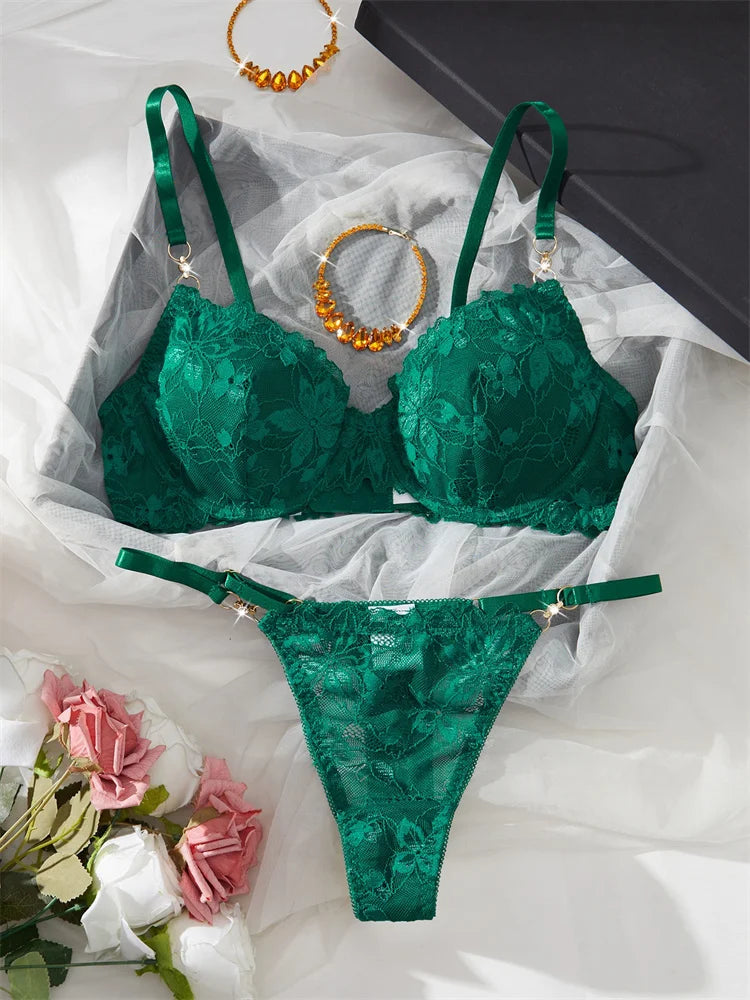 Women Lace Lingerie Ultra Sexy French Thin Bra Sets Intimate Exotic Sets Luxury Erotic Lingerie Dark Green Youth Sexy Lingerie
