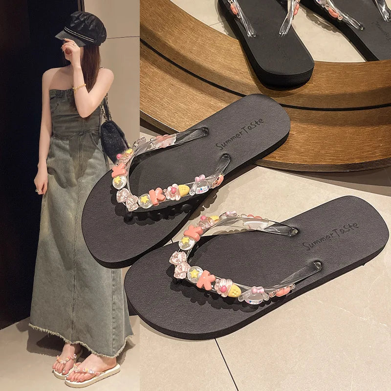 Flip-flops women's summer indoor beach shoes seaside wear eva cute bath transparent flowers non-slip