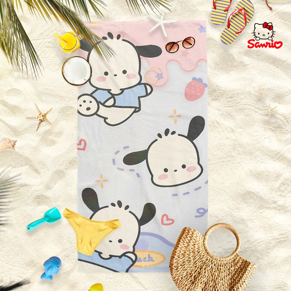 Adorable Cartoon-Printed Beach Towels: PomPomPuu, Pochacco, Cinnamo, and Kitty Designs! Suitable for towels, bath towels