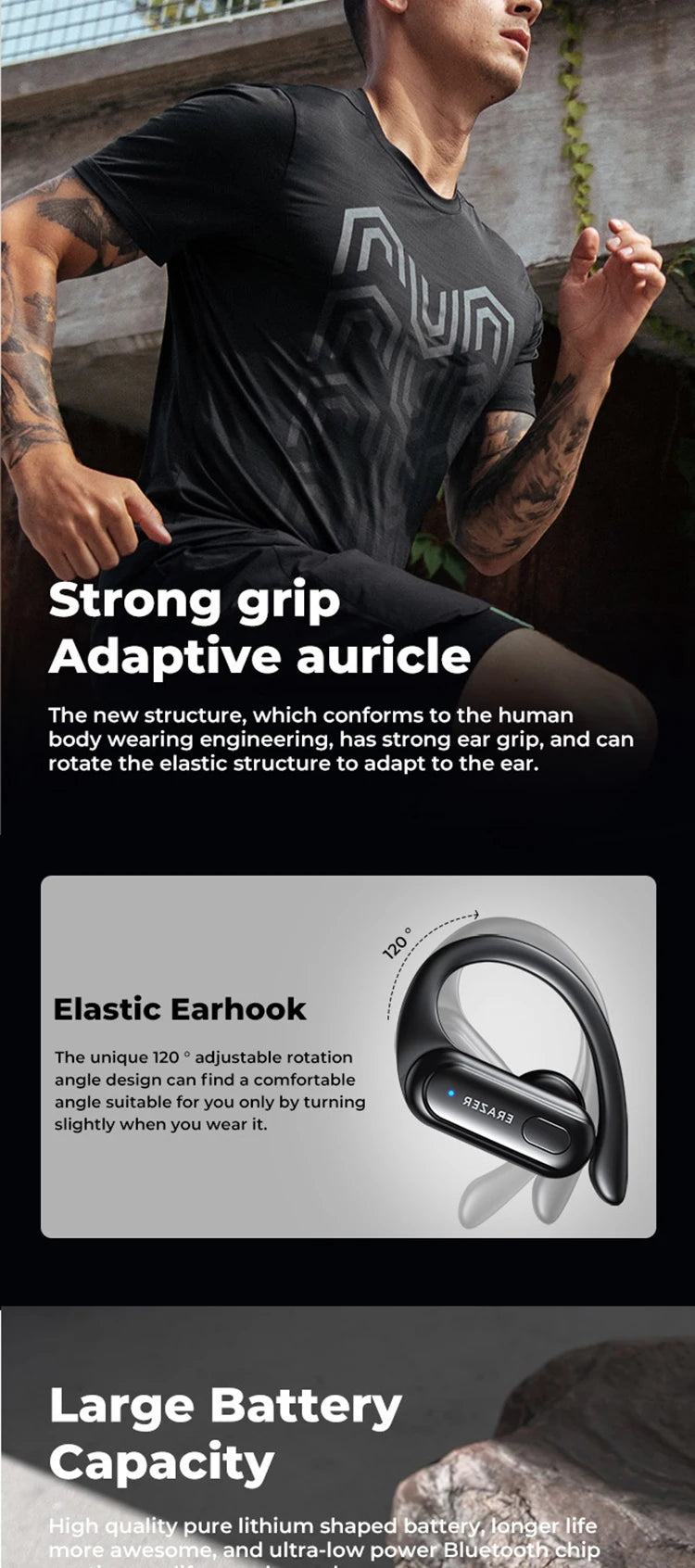 ERAZER XT60PRO Sports Wireless Headphones Bluetooth  Earphones Earbuds Noise Reduction Headset with Mic Earhook