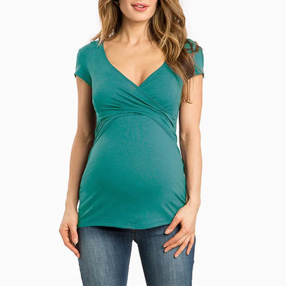 Maternity Clothes For Women Breastfeeding Clothing Short Sleeve T-Shirt Solid V-Neck Pregnant Women's Nursing Tops