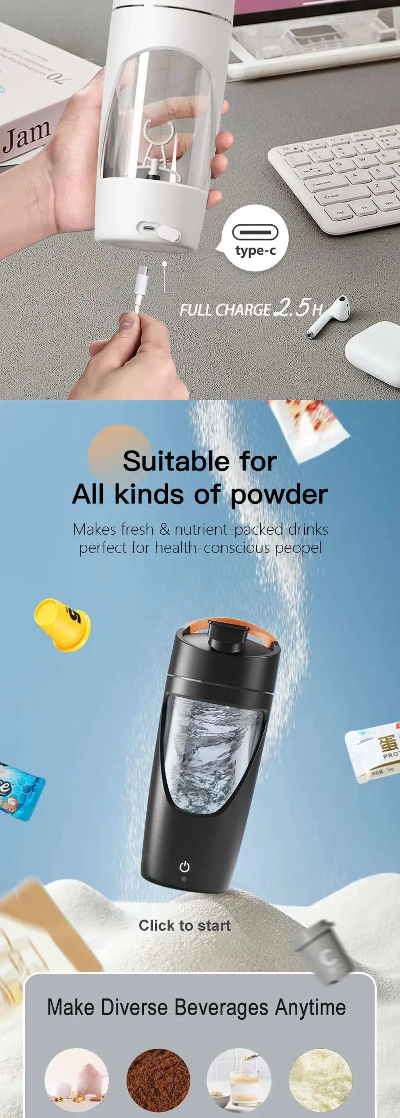 700ml new USB Electric Protein Shaker Bottle Portable Rechargeable Blender Cup Multipurpose 650ml Mixing Cups for Fitness