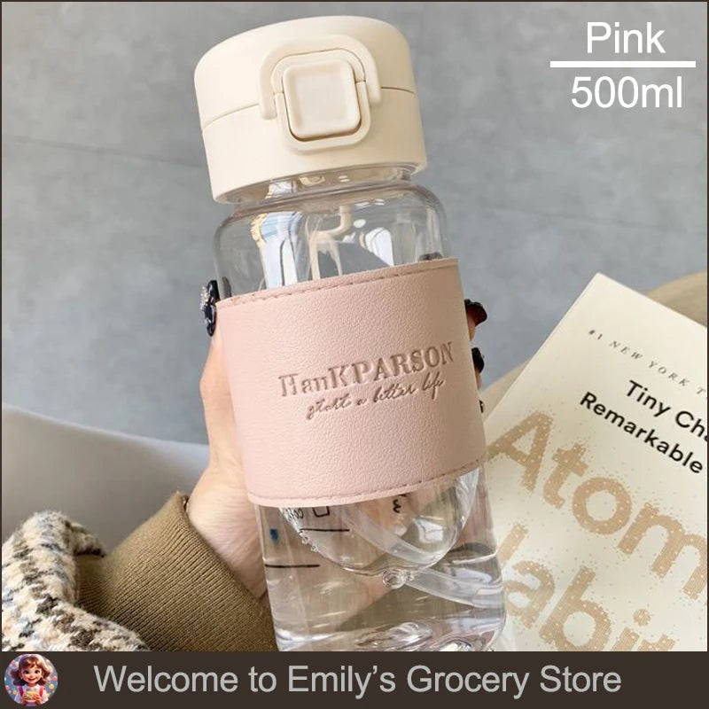 500Ml Portable Plastic Water Bottles with Straw Anti-scalding Leather Case Non-leaking Cute Bottle Outdoor Drinkware