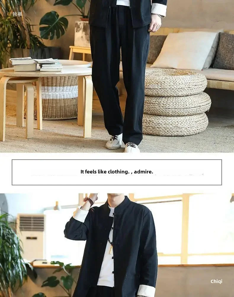 Traditional Chinese Men's Tang Suit Cotton Linen Ancient Costume Tea Servant Zen Meditation Clothing Middle Mountain Hanfu