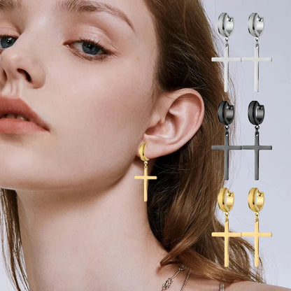 Punk Stainless Steel Frosting Hoop Earrings Design Women Men Pierced Cross Ear Jewelry Accessories Party Dangle Earring