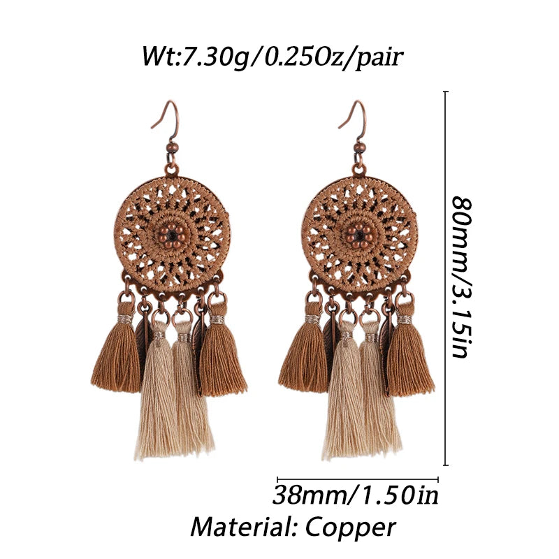 Bohemian Brown Geometric Fringe Earrings for Women Vintage Hollow Flower Beads Tassel Earrings Girls Party Jewelry Gifts
