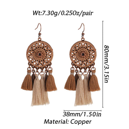 Bohemian Brown Geometric Fringe Earrings for Women Vintage Hollow Flower Beads Tassel Earrings Girls Party Jewelry Gifts