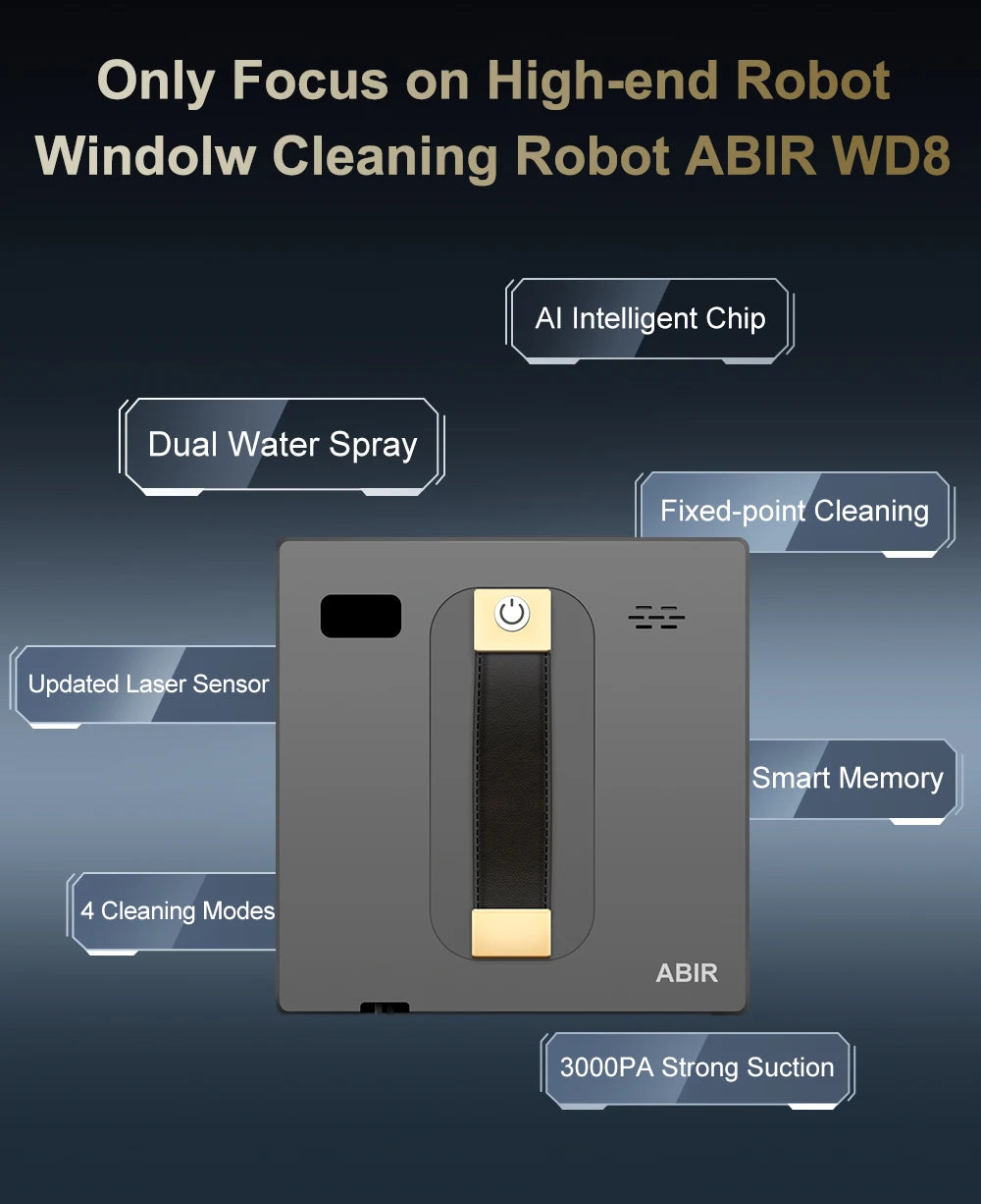 Robot Window cleaner ABIR WD8,Dual Water Spray,Smart Memory,High Vacuum Suction, Laser Sensor, Home Wall Glass Cleaning Robot