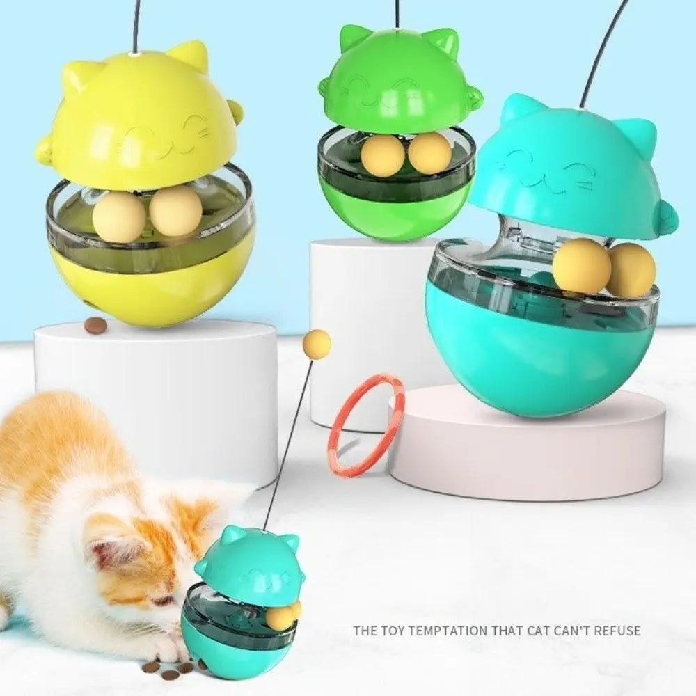 Interactive Cat Turntable Toys Treat Dispenser Self Play Cat Teasing Stick Fun Training Tilting Tease Leaking Food Ball