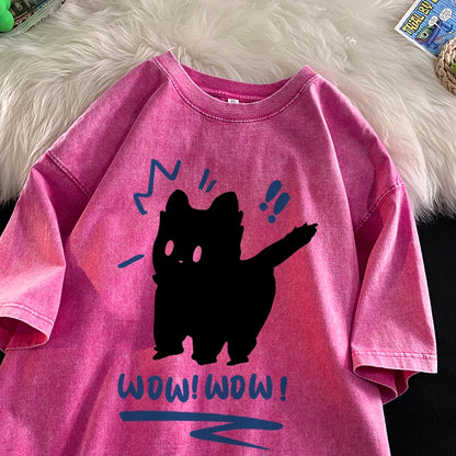 Vintage Water Washing T Shirts Wow Wow Fun Black Cat Tops Casual Hip Hop Short Sleeve Men Women Clothing Cotton Couple Tops
