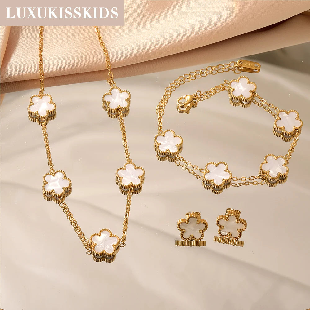 LUXUKISSKIDS Fashion Flower Necklace Earrings Set Jewelry Women Stainless Steel White Shell Clover Bracelet Jewelry Accessories