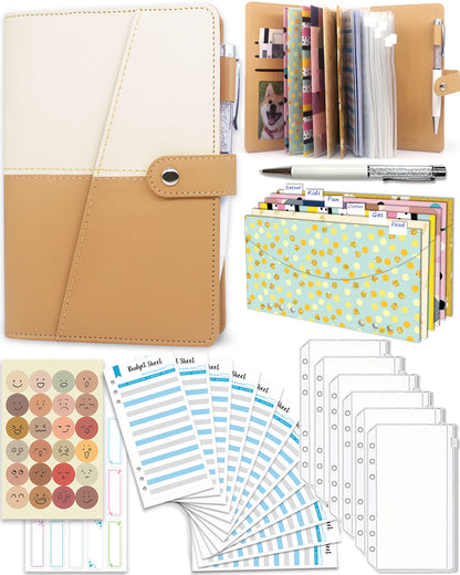 Budget Binder with Zipper Envelopes, Cash Envelopes with Budget Sheets, PVC Pockets, Cash Envelopes, Stickers & Pen