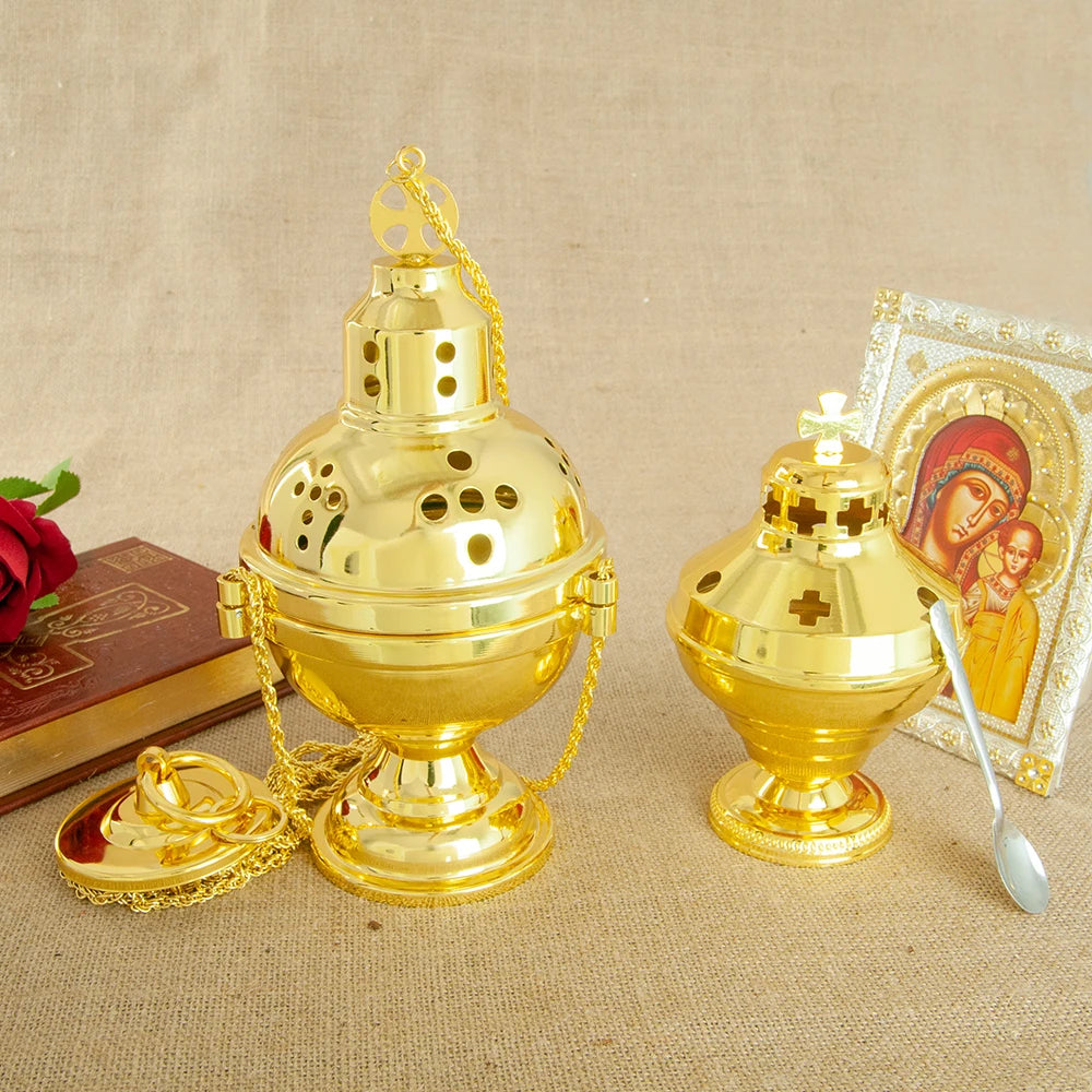 HT Church Supplier High Polished Gold Plated Hanging Incense Burner Orthodox Censer Church Home Decoration Catholic Chalice