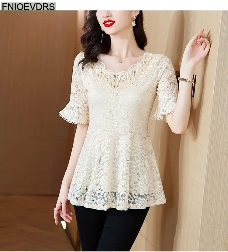 Office Shirts Basic Wear New Design 2025 Women Elegant Fashion Work Lady Bling Beaded Flare Sleeve Lace Tops Blouses
