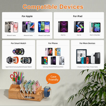 Bamboo Charging Station for Multiple Devices Desktop Organizer for Phones Tablet Wooden Docking Stations