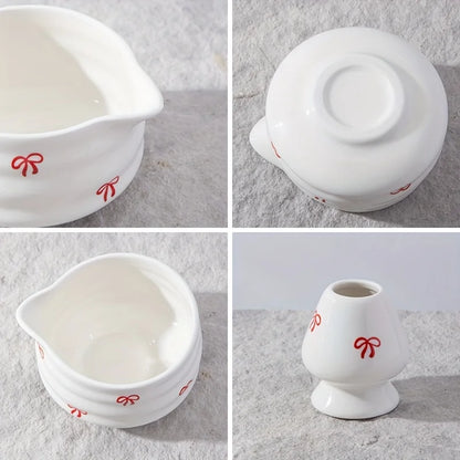 5 pieces of white bow decal ceramic matcha set, matcha set includes matcha bowl, matcha mixer and holder, bamboo spoon, sieve