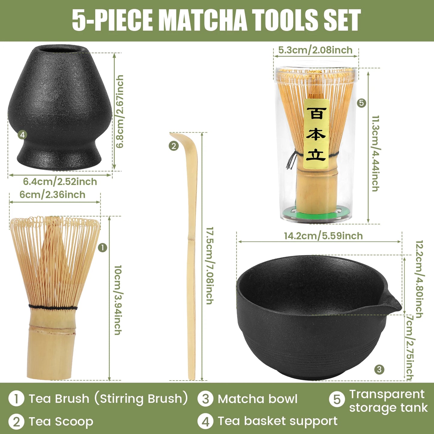 5PCS Japanese Matcha Tea Set Includes Matcha Bowl w Spout Matcha Whisk Holder Matcha Whisk Tea Scoop Tea-making Tools Accessorie