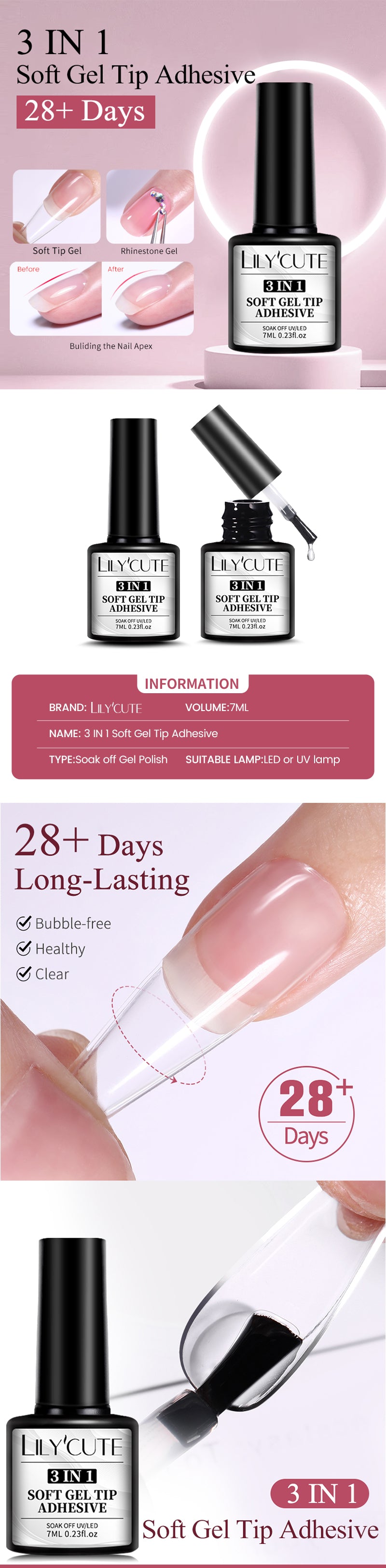 LILYCUTE 7ML Soft Gel Tip Adhesive Glue For False Tips Extend Press On Nails Nail Art Long Lasting Soak Off UV Gel Nail Polish