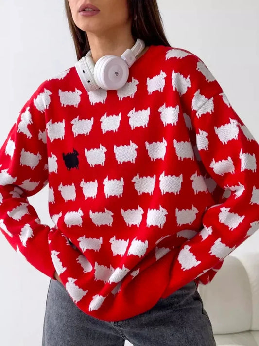 Women's Oversized Long Sweater, Cartoon Print, Loose, O Neck, Long Sleeve, Trendy Fashion, Winter