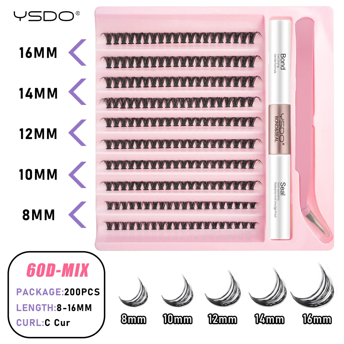 DIY Lash Extension Kit Lash Individual Lashes Clusters8-16mm With Waterproof Lash Bond And Seal Eyelash Tweezers Lash Kit