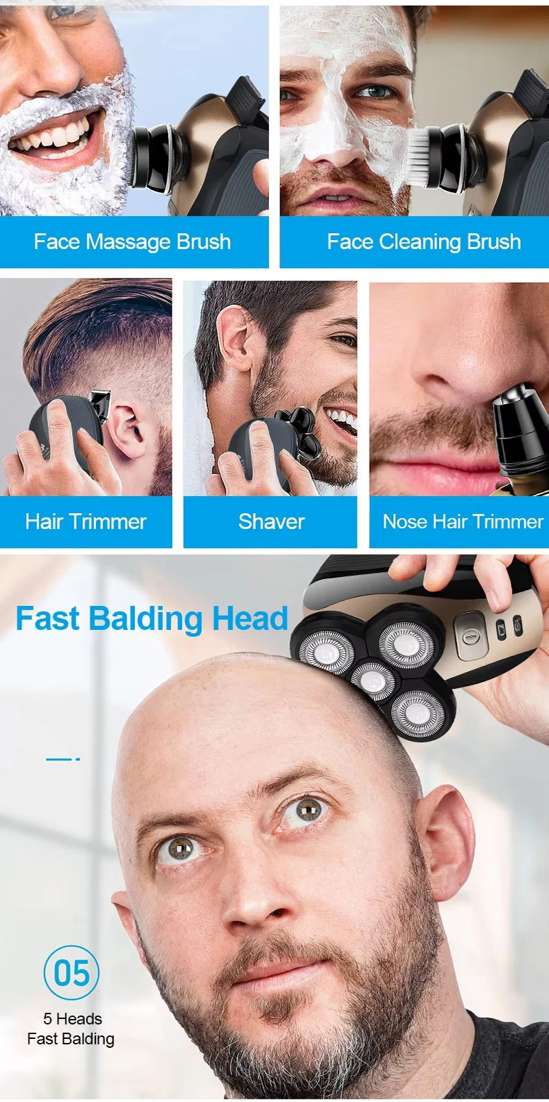 New Five Head Household Electric Hair Clipper, Bald Head, USB Charging, Large Capacity, Suitable for Facial Shaving