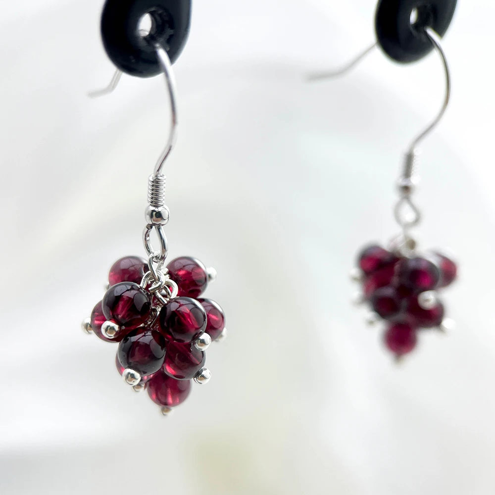 Cute Cluster Natrual Garnet Beads Dark Red Grape 925 Sterling Silver Hook Drop Dangle Earrings For Women Girls Jewelry Handmade