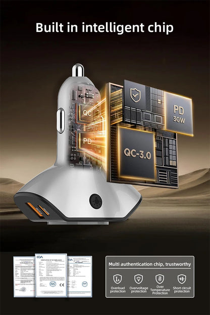 PD30W+QC3.0 Bluetooth 5.3 Car MP3 Player FM Transmitter Wireless Handsfree U Disk Play Music USB Type-C Car Fast Charger Adapter