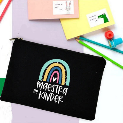School Stationery Supplies Storage Bags  Rainbow Teacher Spanish Printed Teacher Pencil Cases Travel Wash Pouch Gifts Makeup Bag