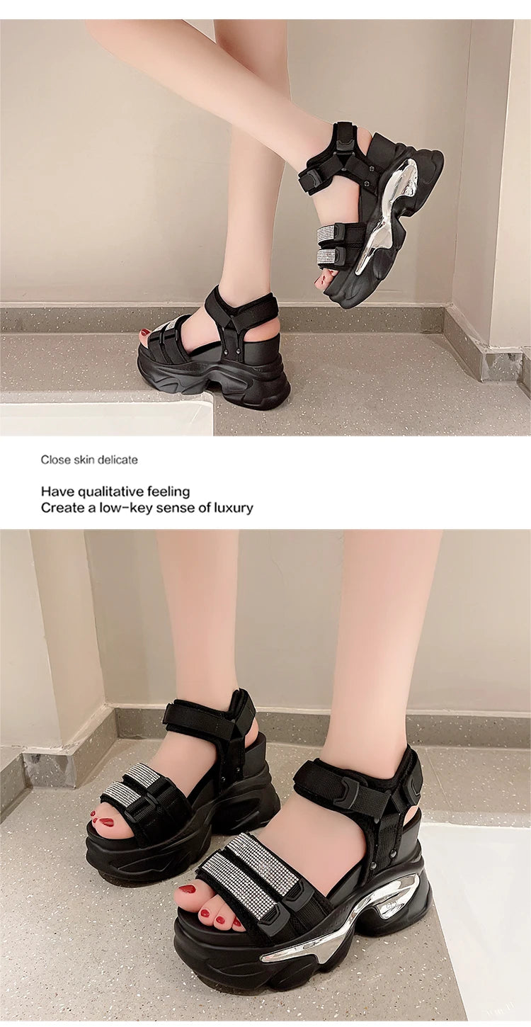 Summer High Platform Women Sandals Buckle 10CM Wedges Bling Shoes Fashion 2023 Outside Chunky Sandals Beach Casual Slides Woman