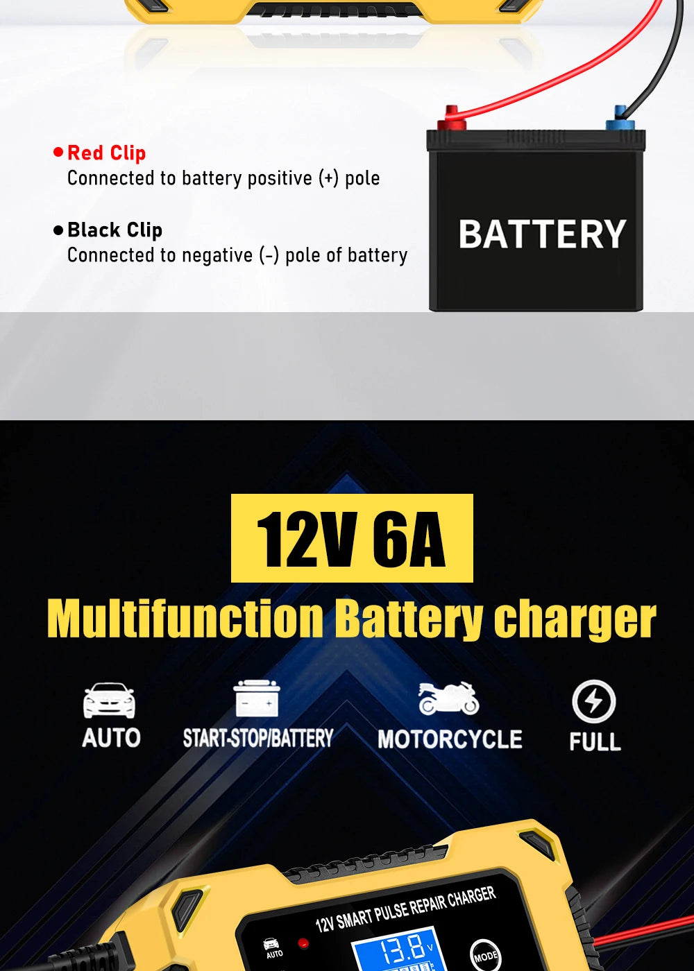 Car Battery Charger, 12V 6A Automatic Intelligent Storage Battery Maintainer Trickle Charger Suitable for Cars, Trucks, Suvs, Mo