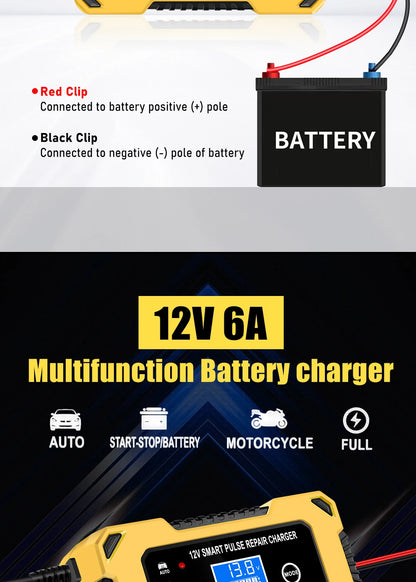 Car Battery Charger, 12V 6A Automatic Intelligent Storage Battery Maintainer Trickle Charger Suitable for Cars, Trucks, Suvs, Mo