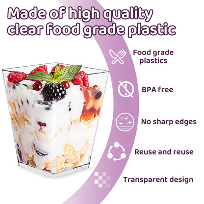 50Pcs Mini Dessert Cups with Lids Spoons 2oz/60ml Mini Reusable Dessert Pots Clear Plastic Cup Washable Dessert Square Cups