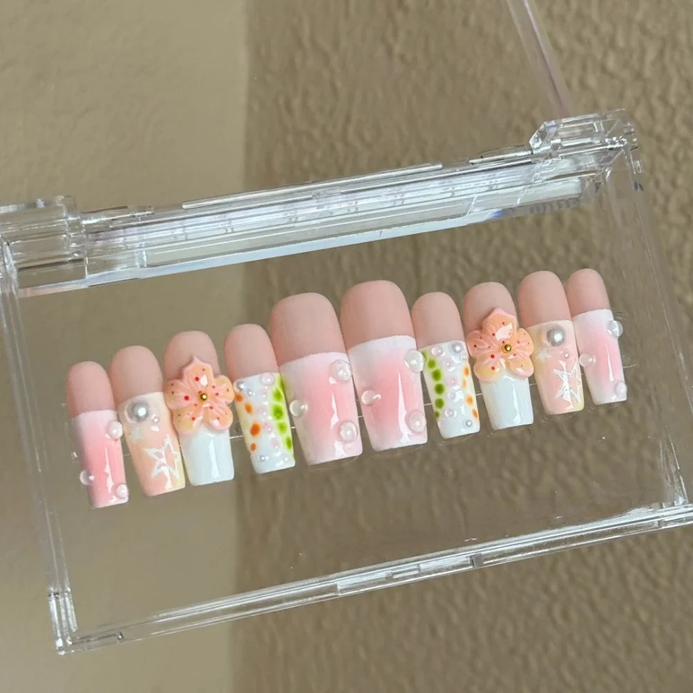 10PCS Handmade Manicure Press-On Nails French Style Medium Almond Shape with Blue Bow Design Includes Adhesive And Nail File Set