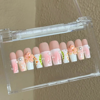 10PCS Handmade Manicure Press-On Nails French Style Medium Almond Shape with Blue Bow Design Includes Adhesive And Nail File Set