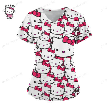 Hello Kitty Print surgical uniforms pharmacy hospital nurse scrubs tops breathable beauty salon dentistry pet doctor overalls
