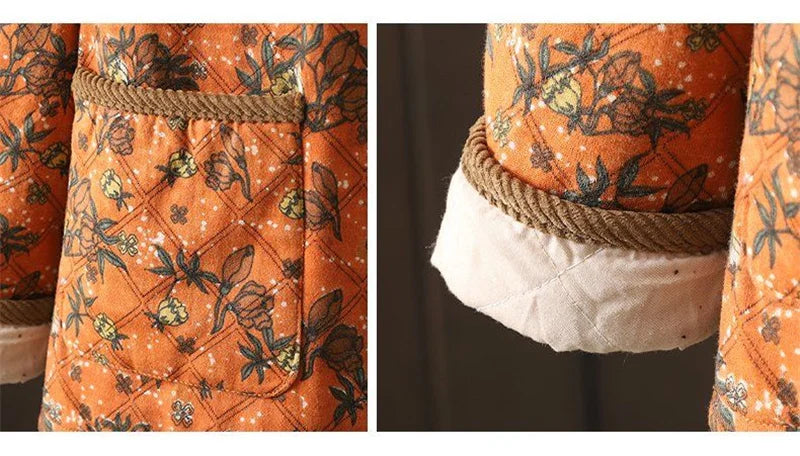 Women Retro Floral Plate Buckle Cotton Jacket Thickened Warm Cotton Clothing Cotton Linen Printed Autumn Winter Cotton Jacket