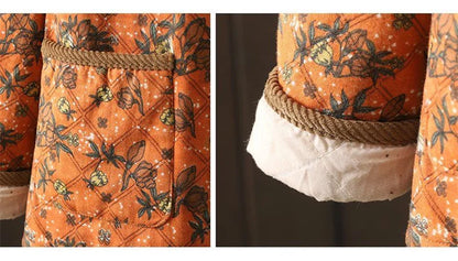 Women Retro Floral Plate Buckle Cotton Jacket Thickened Warm Cotton Clothing Cotton Linen Printed Autumn Winter Cotton Jacket