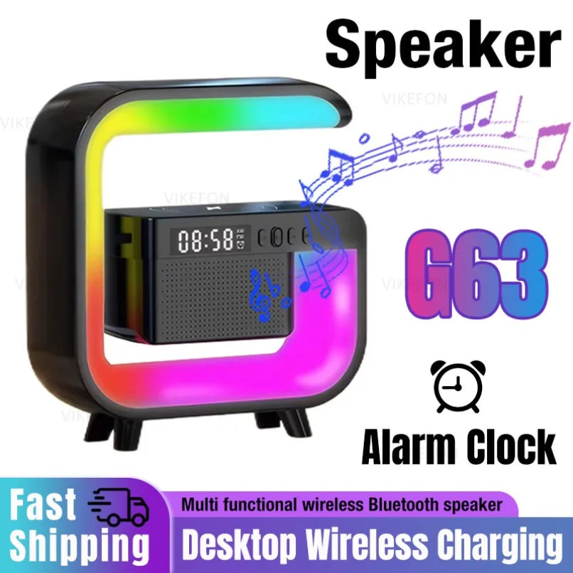 Multifunctional Atmosphere RGB Desk Clock Nightlight Wireless Charger Bluetooth Speakers for iPhone Samung Xiaomi Fast Charging