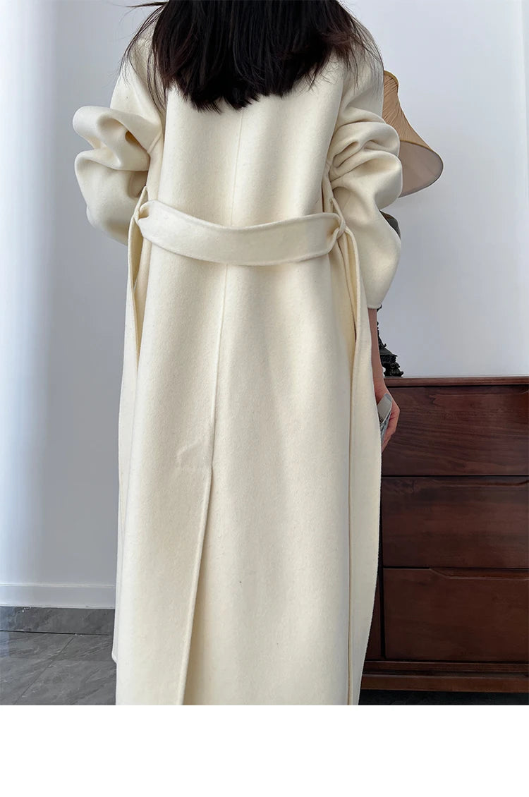 Office Lady Woolen Jackets 2024 Autumn And Winter Bathrobe Style Pocket Double-Sided Loose Lace -Up Tie Women's Long Wool Coats