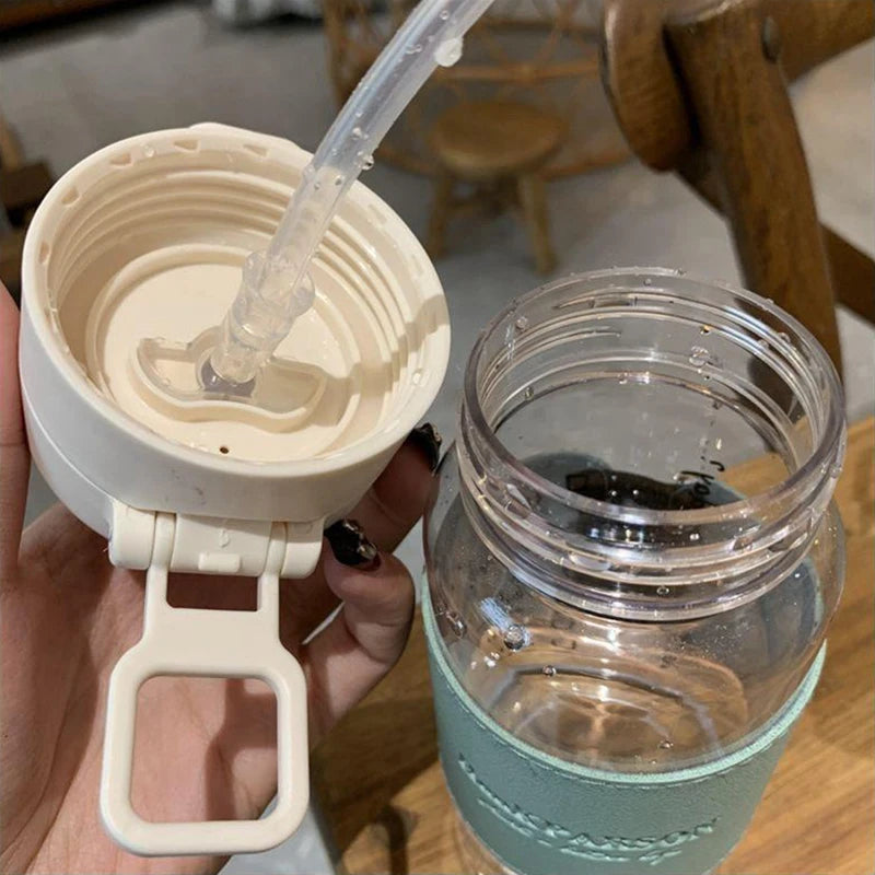 500Ml Portable Plastic Water Bottles with Straw Anti-scalding Leather Case Non-leaking Cute Bottle Outdoor Drinkware