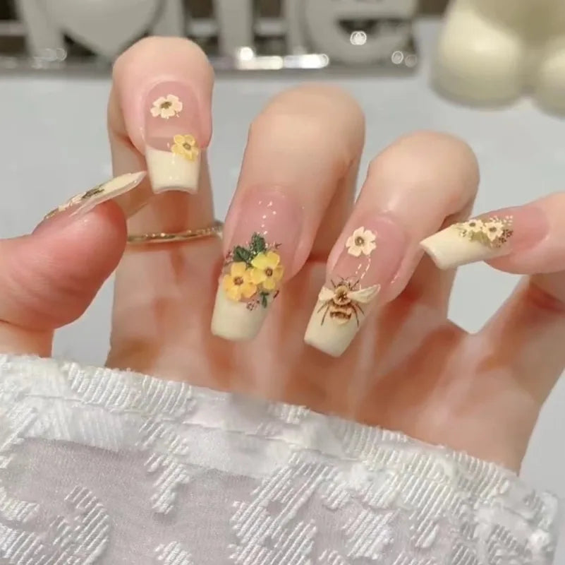 10Pcs Yellow Handmade Press-On Nails with Bee&Floral Relief Designs French False Nails Perfect for Spring&Everyday Stylish Wear