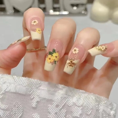 10Pcs Yellow Handmade Press-On Nails with Bee&Floral Relief Designs French False Nails Perfect for Spring&Everyday Stylish Wear