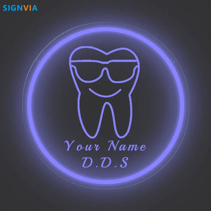 Custom Neon LED Tooth Sign with Glasses USB-Powered Wall Decor for Dental Parties Personalized Name White Light Circular Decor