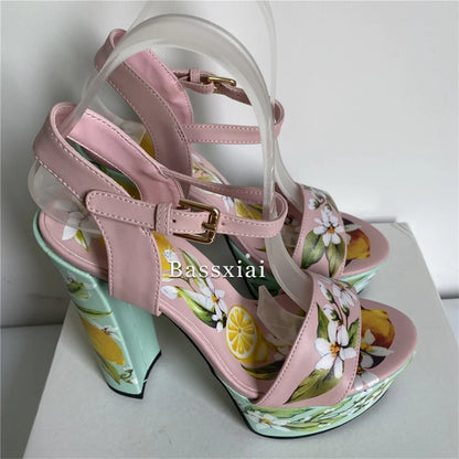 2025 Print Flower High Platform Sandals Women Chunky Heel Genuine Leather Ankle Strap Party Shoes Summer