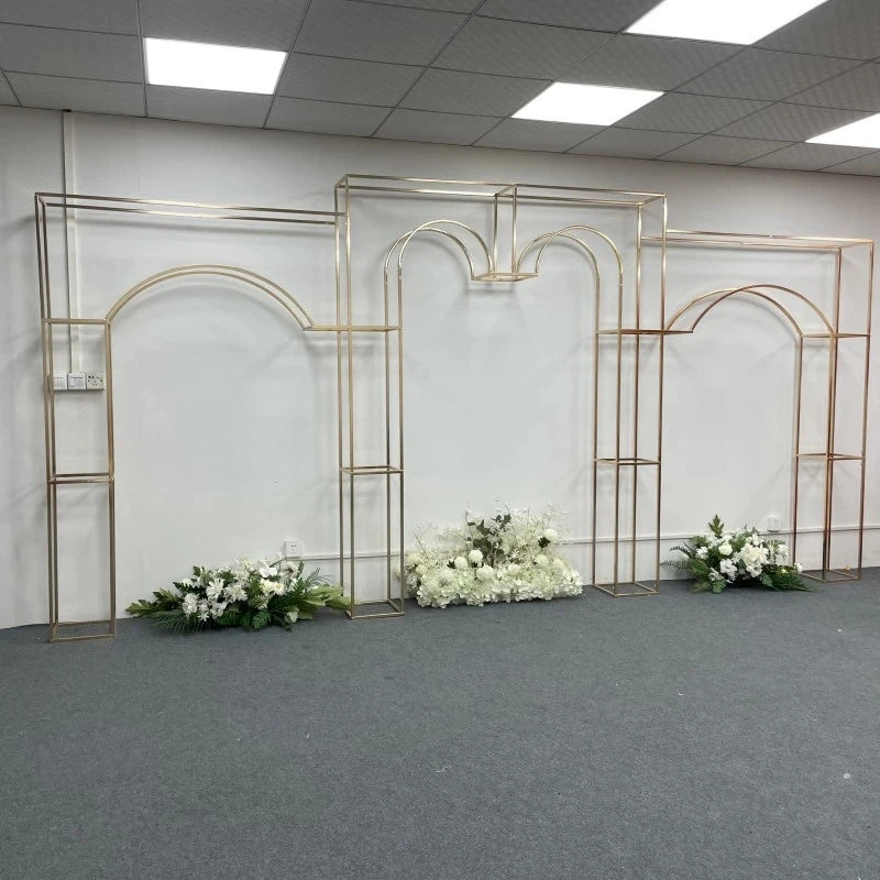 Shiny Gold-Plated Square Screen Backdrop Shelf, Wedding Arch, Geometric Flower, Door Stand, Artificial Flor, 2.2m, 3Pcs