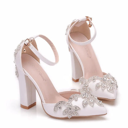 2025 Thick Heel Pointed Toe Shoes Large Size  Thick Heel Sandals Women Rhinestone Wedding Shoes Women White Wedding Shoes Drill