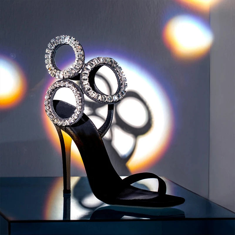 Circle Heels 2024 New Dress Wedding Shoes with Rhinestone Open Heel Roman Sandals