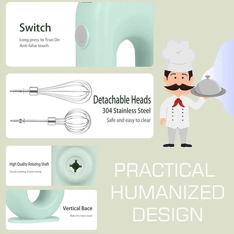 USB Electric Blender Wireless Portable Mixers with 2 Mixing Head Food Mixer Handheld Rechargeable Whisks Dough Stirrer Eggbeater